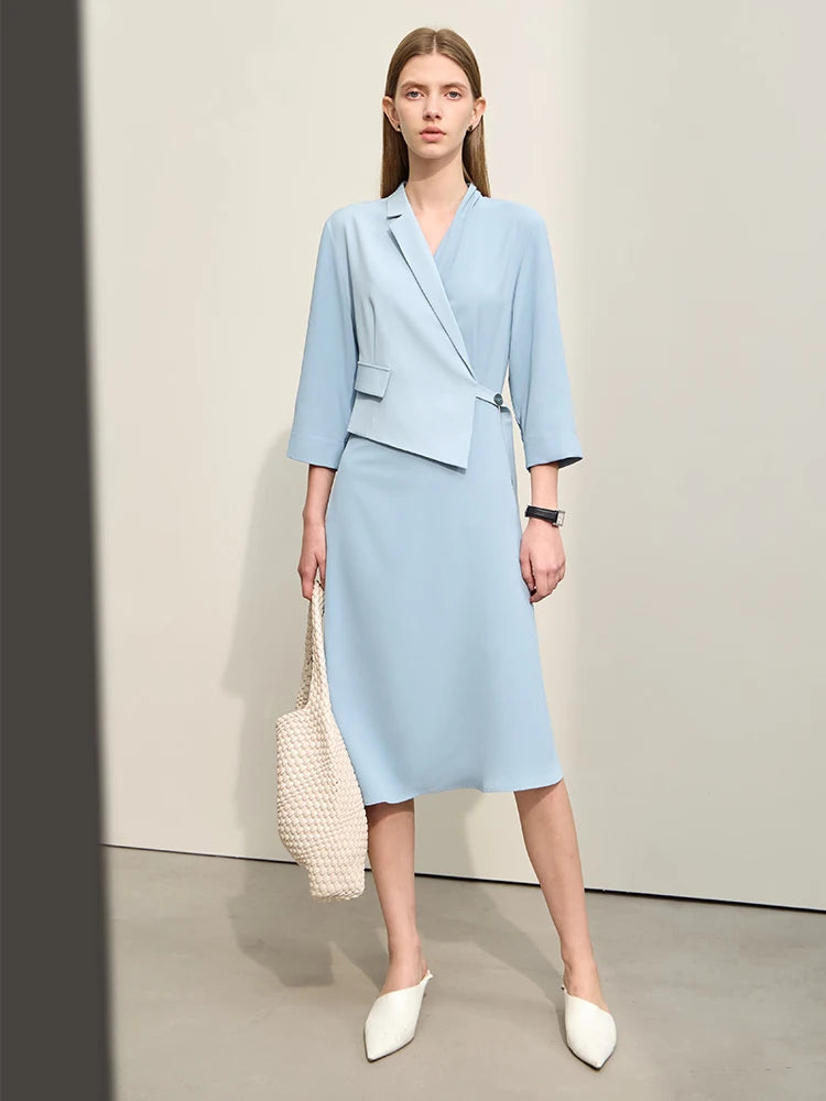 រ៉ូប Amii Minimalism Fake Two Pieces Spliced សម្រាប់ស្ត្រីឆ្នាំ ២០២៤ រដូវស្លឹកឈើជ្រុះថ្មី Midi Commuter រ៉ូបស្តើងដៃបីភាគបួន ១២៤២១០៦៩