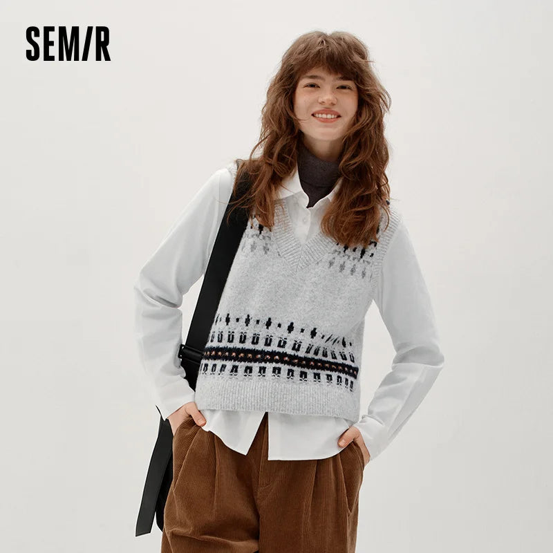 Semir Women Winter Shirt Geometric Jacquard Loose Fit Brushed Fabric Turn Down Collar Commuter Style Two Piece Layering
