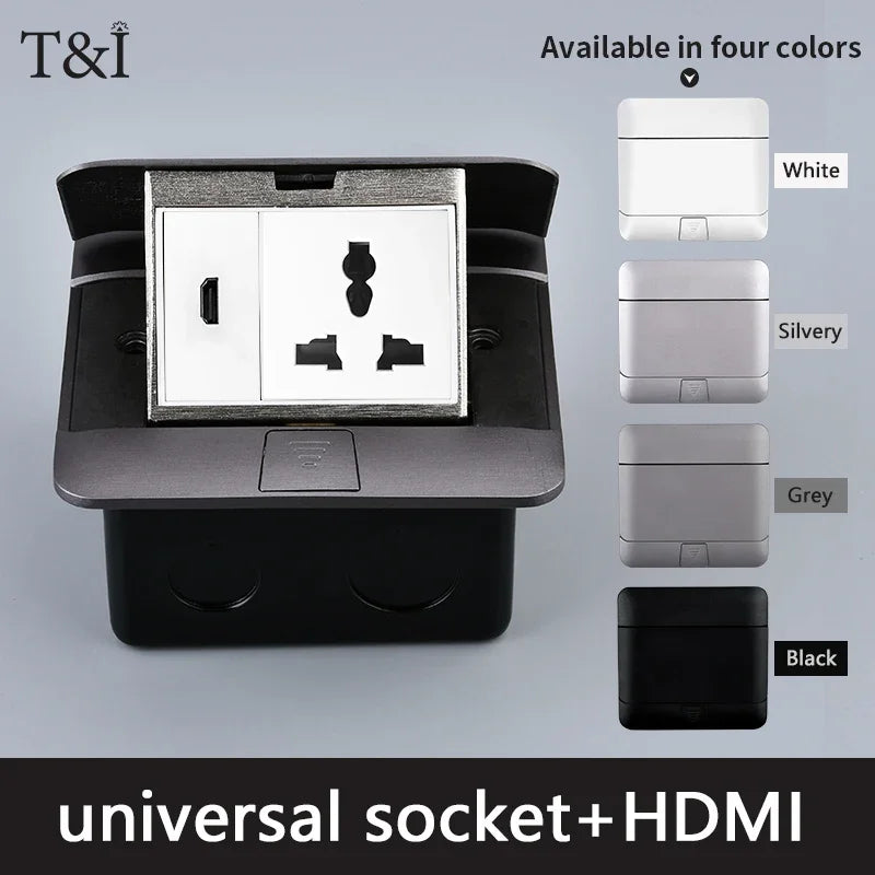 Metal Panel EU Standard Hidden Type Table Socket 2/3 Way Outlet USB/EUR/Universal/FR Office Cabinet Desktop Aluminum 120x120mm