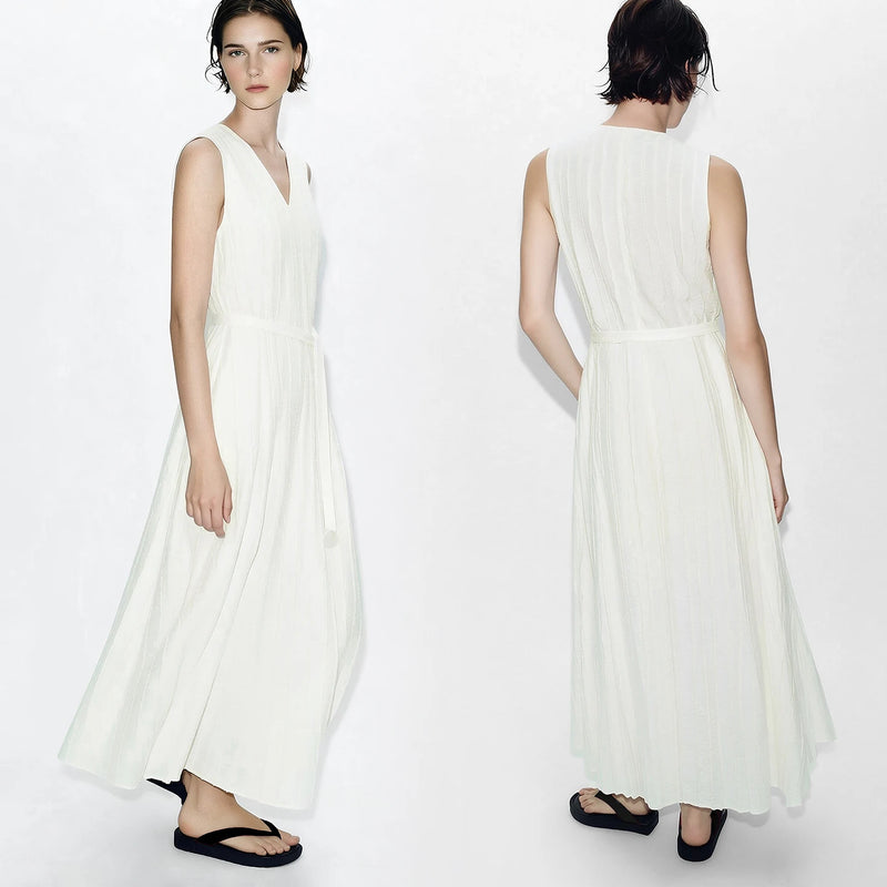 Amii Women's Casual Dresses 2026 Summer V Neck Belted Fringed Jacquard Elegant Sleeveless A-Line Midi Dress For Women 12652075
