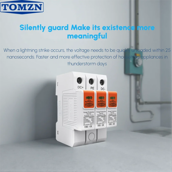 TOMZN T1/T2 DC SPD Surge Protective Device–1000V/1200V 20-50kA (8/20μs) 7kA (10/350μs) Low-Voltage Arrester for PV Solar Systems