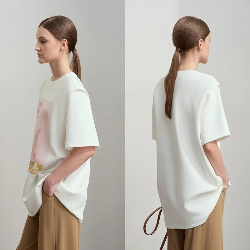 អាវយឺត AMII Minimalist សម្រាប់នារី រដូវស្លឹកឈើជ្រុះ ឆ្នាំ២០២៦ ថ្មី កអាវធម្មតា បោះពុម្ពសិល្បៈ ស្មាធំទូលាយ រលុង ដៃខ្លី ប្រវែងមធ្យម 12521003