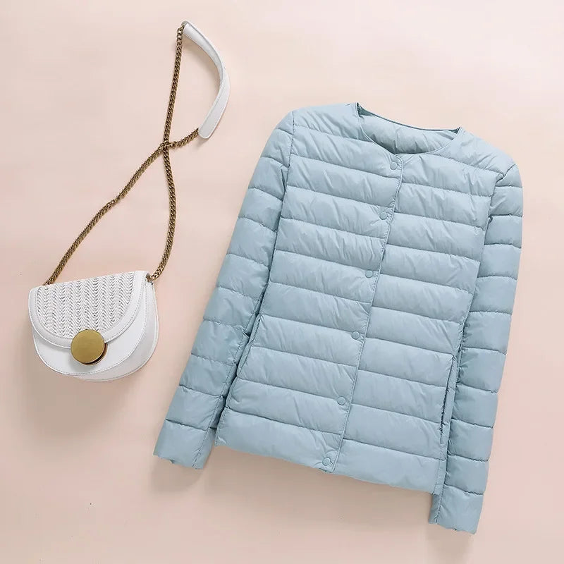 Winter Red Light/Thin Women's Round Neck Long Sleeve Jacket, White Blue Gray Khaki Available, Asian Size S-3XL Female Coat