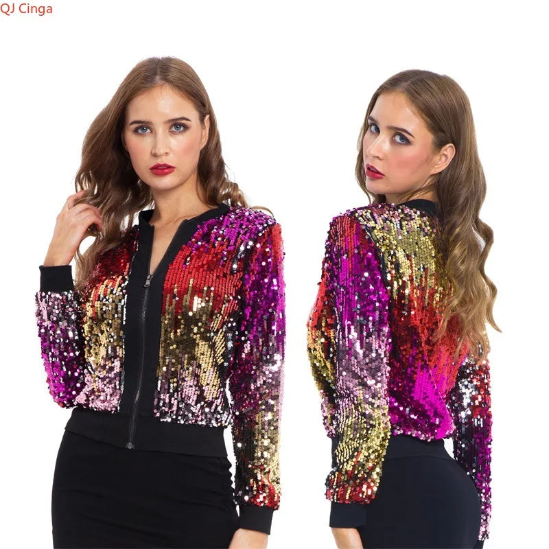 2026 New Women's Red-Purple Long-Sleeve Jacket, Round Sequin Embellishment Coat, Stage/Party Performance Top.