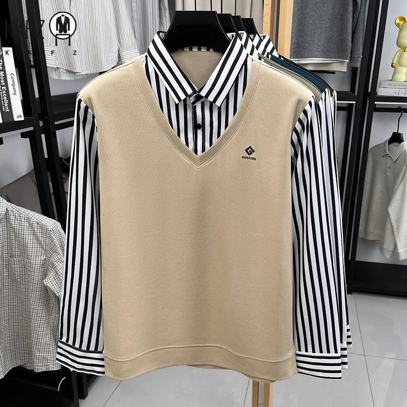 Mens Business Fake Two Piece Sweater Shirt Long Sleeve Striped Collar V Neck Pullover For Work