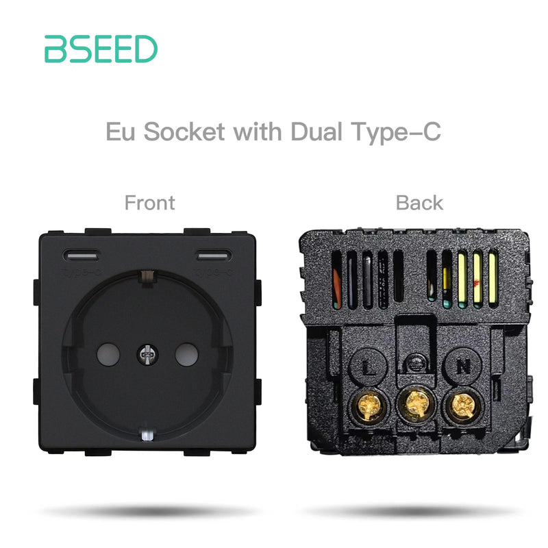BSEED EU Standard Wall Power Socket USB Outlet Without Glass Panel DIY Function Parts Type-C Charge Port Part 110-250V 16A