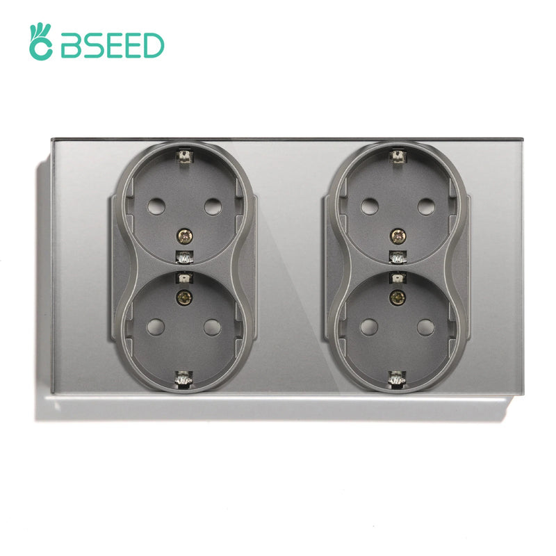 BSEED EU Standard Double Wall Power Outlets Double Electric Sockets Dual Plugs Glass Panel 16A 110-250V Home Improvement