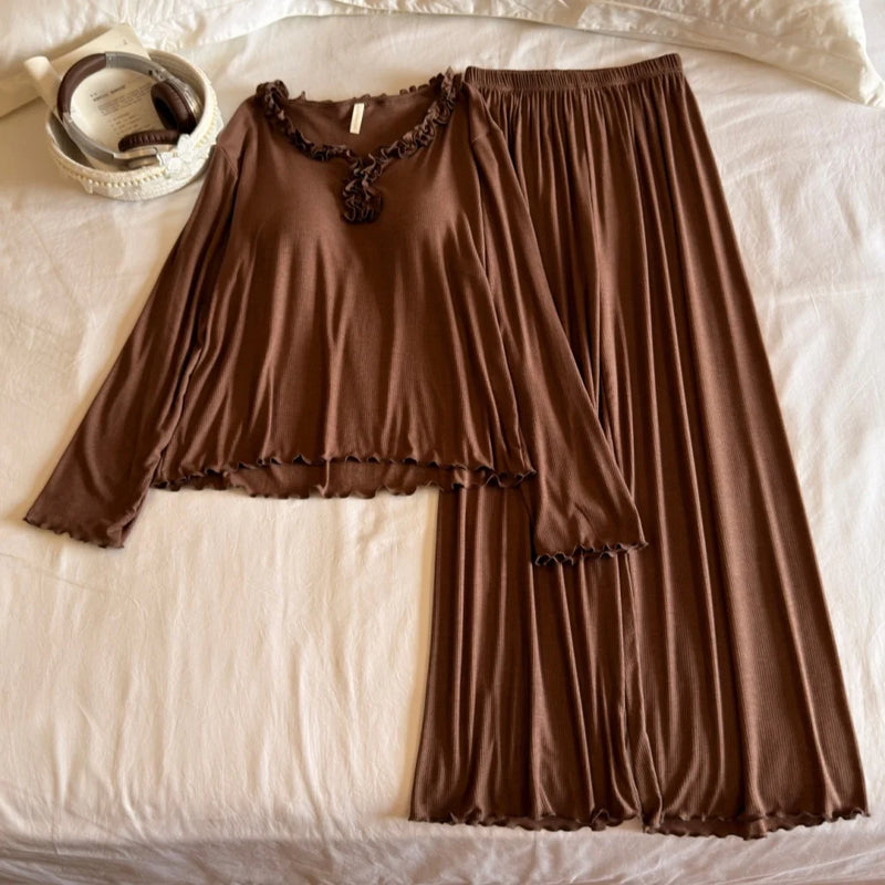Modal Loungewear Sets Woman Pajama Two-piece Chest Pad Home Wear Autumn Ladies Pyjamas Long Sleeve Sleepwear Female Sleeping