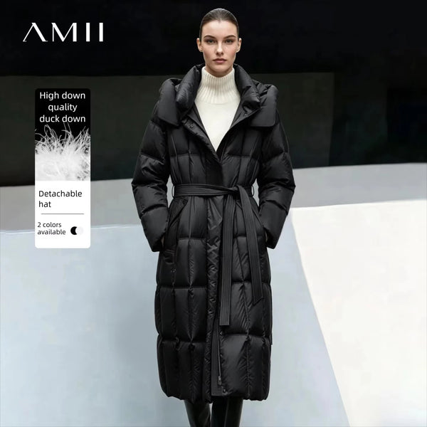 Amii Down Coats 2026 New Casual Detachable Hood Belt Long Winter Down Jacket Magnetic Buttons Warm Loose Top Jacket 12644050