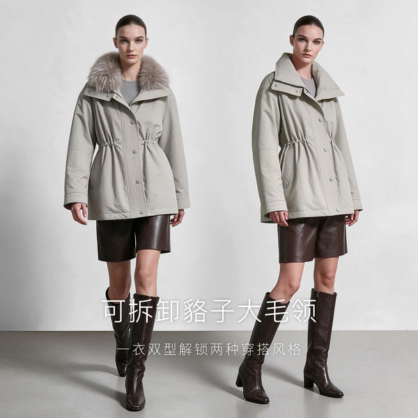 Amii Women's Winter Jacket 2026 New Warm Detachable Fur Collar Parka Down Jacket Drawstring Waist Casual Zipper Top 12654037