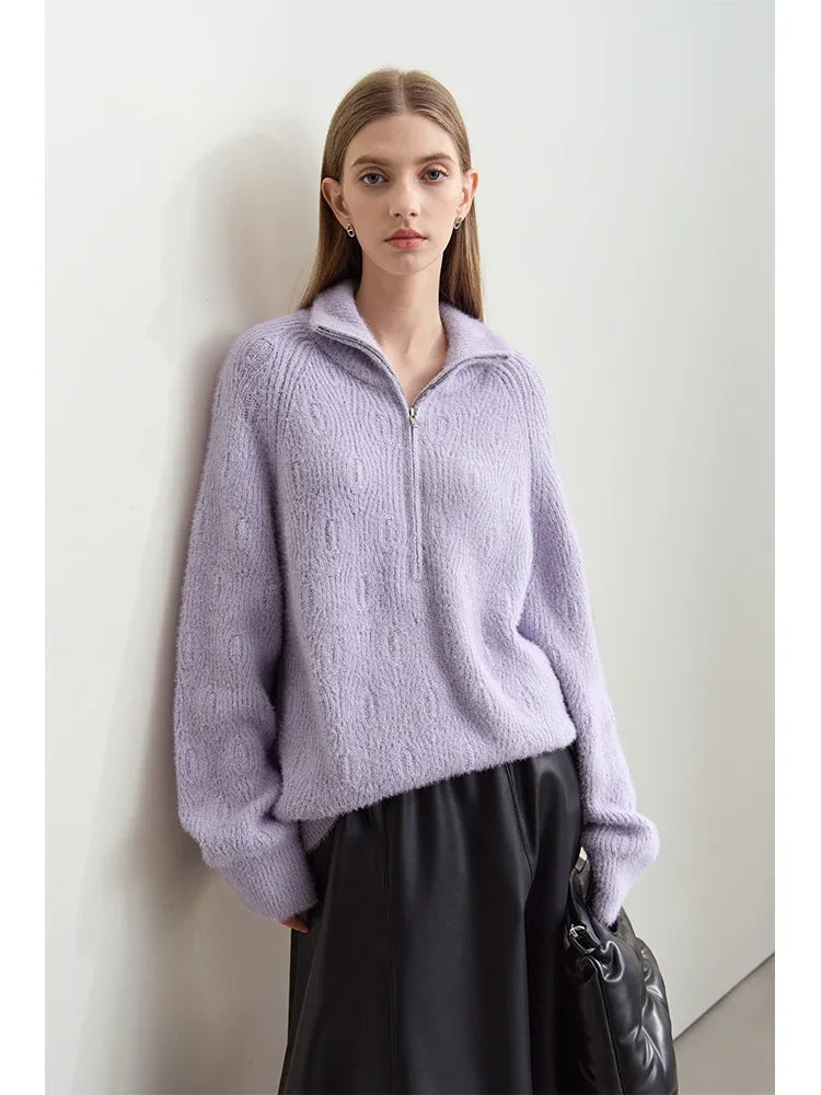 អាវយឺត Amii Turtleneck មានខ្សែរ៉ូត ពាក់កណ្ដាលបើក ធ្វើពីរោមចៀមសិប្បនិម្មិត ម្ជុល អាវក្រៅ 2025 រដូវរងា សម្រាប់នារី ដៃអាវរលុង 12444266