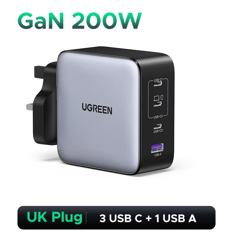 UGREEN 200W Travel GaN Charger PD 3.1 140W QC4.0 3.0 Quick Charge For Macbook Pro Laptops iPhone 18 17 Samsung S26 Xiaomi Tablet