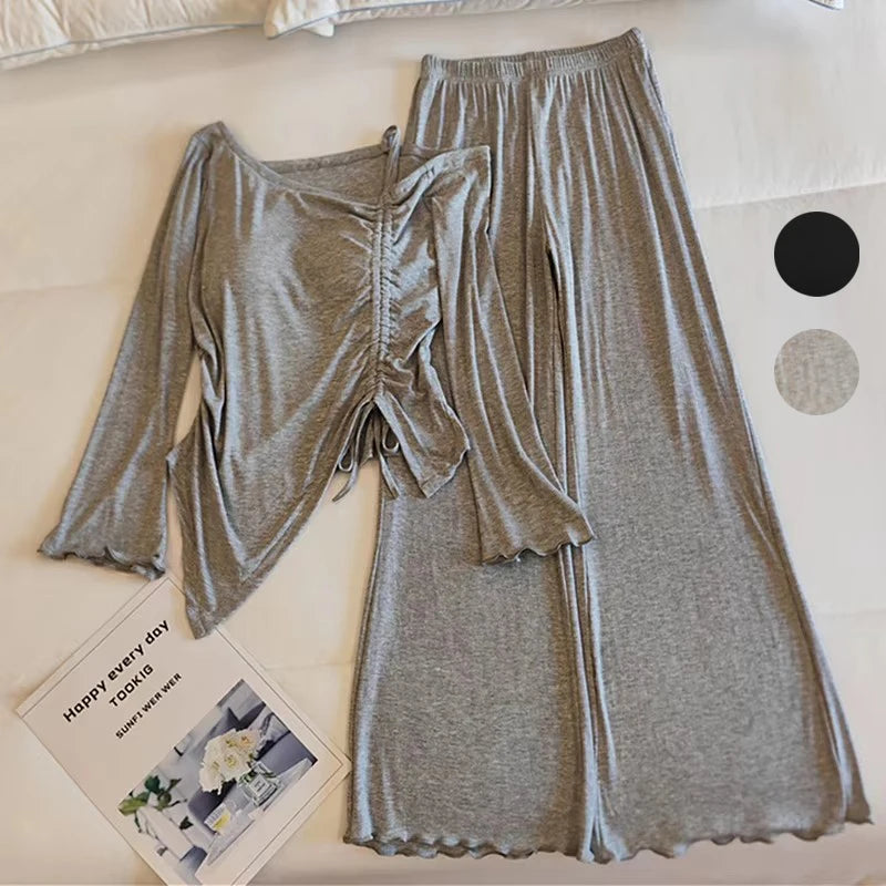 Fashion Modal Sleepwear For Women Pajamas Spring Autumn Chest Pad Outside Wear Pijama Two-piece Set Long Sleeved Home Clothes