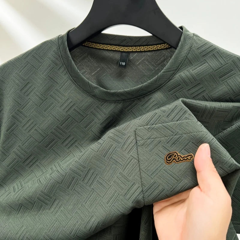 Luxury Summer New Man Short-Sleeved T-Shirt Round Neck Scorched Flower Actual Pocket Embroidery Leisure Ventilate Men's Clothing