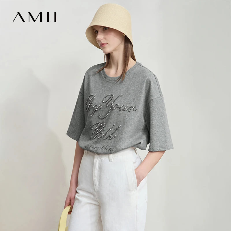 អាវ Amii សម្រាប់នារី រចនាបែបសាមញ្ញ រដូវក្តៅថ្មី កអាវរាងអក្សរ O រចនាអង្កាំ ដៃអាវស្បៃកប្បាស រចនាបែបទម្លាក់ស្មា អាវយឺតធម្មតា 12522079
