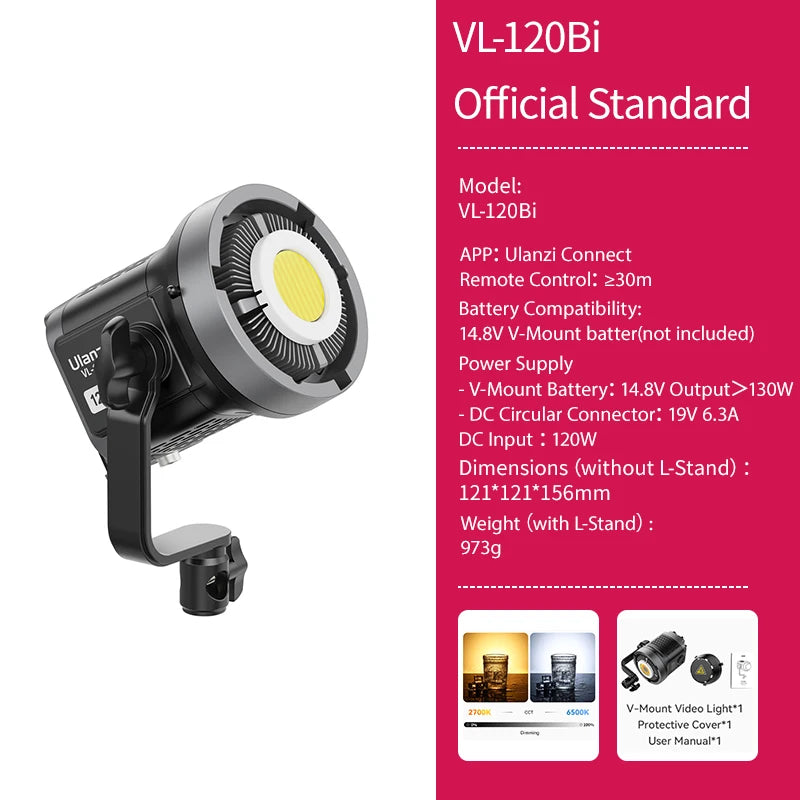 ភ្លើងវីដេអូ Ulanzi VL-120Bi VL-120C 120W V-Mount COB ឥតខ្សែ គ្រប់គ្រងដោយកម្មវិធី 2700K-6500K CRI>95 សម្រាប់ស្ទូឌីយោថតរូបវីដេអូ