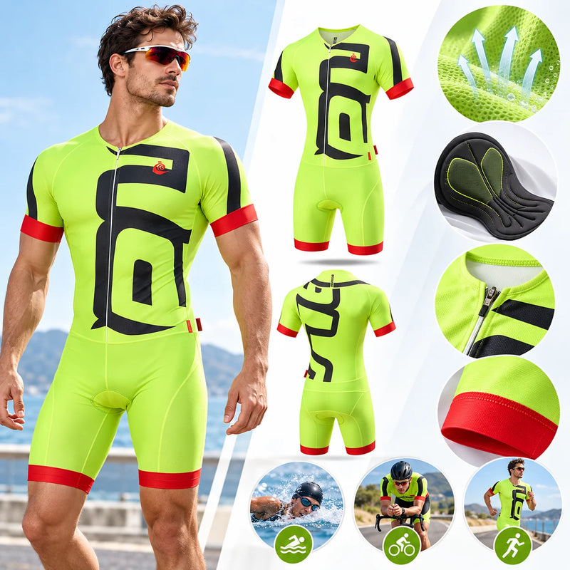 Men’s Short Sleeve Triathlon Suit Padded Quick Dry Breathable One Piece Tri Suit Cycling Running Racing Training Sportswear