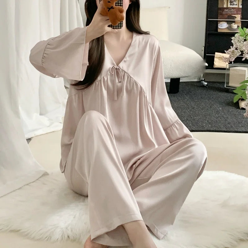 Thin Long Sleeve Pajamas V-neck Silk Pyjama Women's 2-piece Sets Spring Autumn Nightwear Female Sleep Elegant Sleepwear Pijama