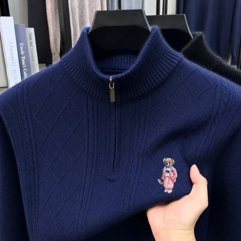 Luxury Man Long-Sleeved Knitwear Mock Neck Zipper Bear Embroidery Diamond Pattern Autumn Winter New Leisure Versatile Men's Wear