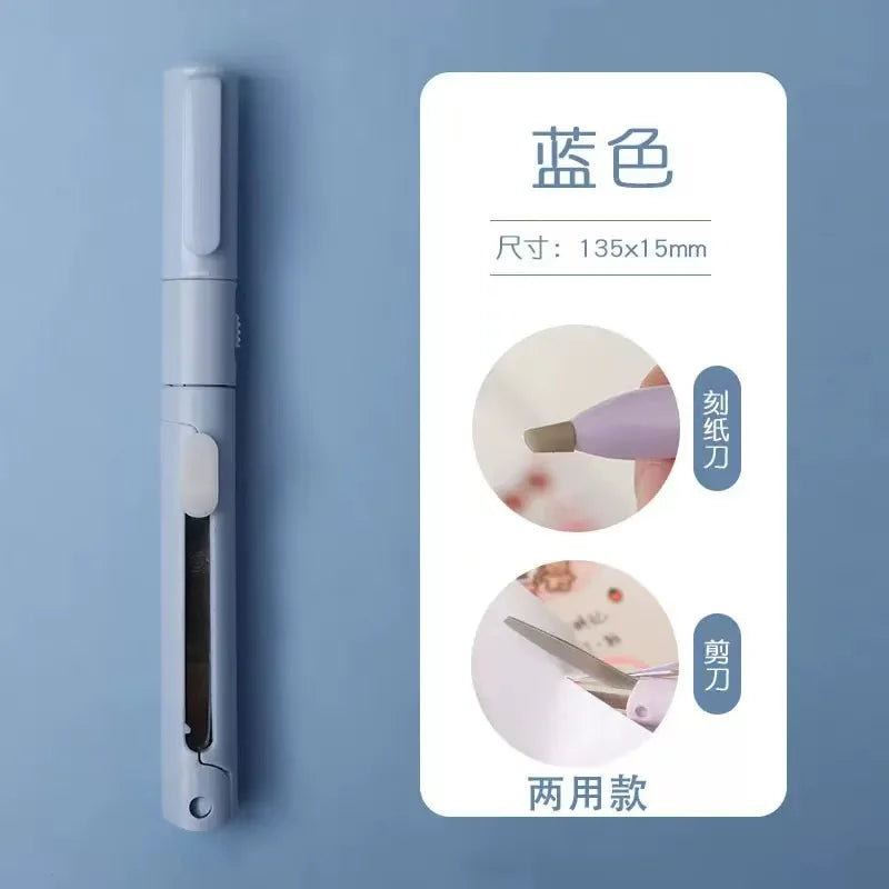 1pc Mini Portable Scissors Paper Cutter Knife 2 In 1 Multifunctional Pocket Pen Shape Scrapbooking Carving Cutting Art Tools