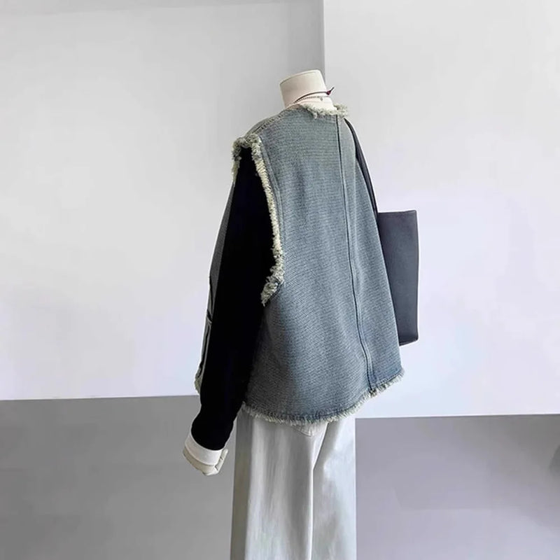 Retro Rough Edge Denim Vest Jacket Women's Spring Autumn Coat Fashionable Loose Sleeveless Top Female Waistcoat Casacos Traf