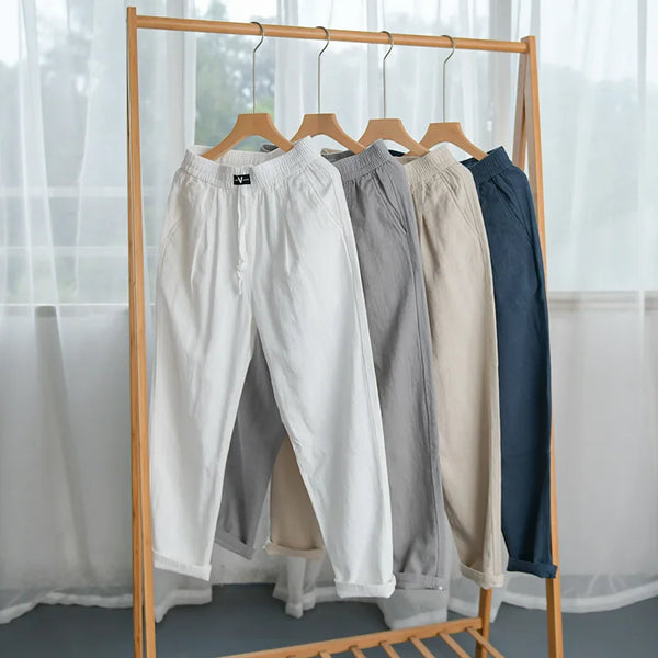 Spring Summer New Ramie Cotton Casual Sraight Pants for Men Casual Drawstring Thin Streetwear Trousers FY7101