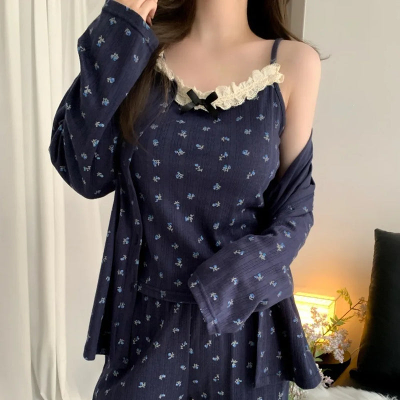 Floral Three-piece Ladies Set Pajama Chest Pads Pijama Spring Autumn Long Sleeve Home Wear Nightwear Woman Pyjamas Sleepwear