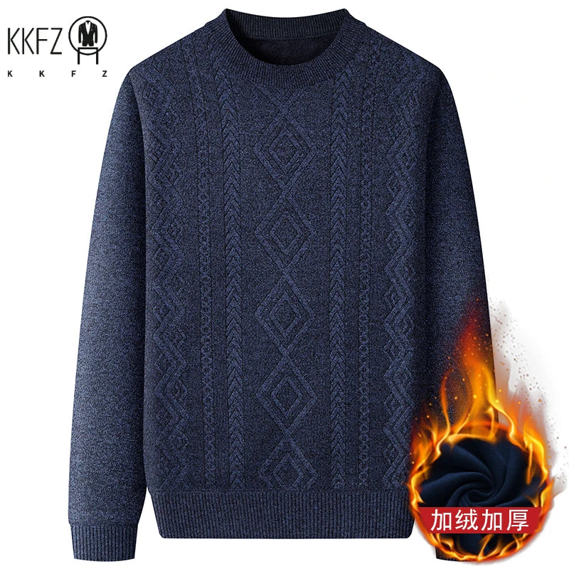 Thick Thermal Crew Neck Pullover Men Vertical Geometric Diamond Pattern Soft Fleece Lining Weekend Outing Knitwear