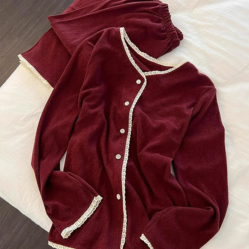 Red Women's Pajamas With Pants Set New Thicken Warm Autumn Winter Woman Clothes Velvet Casual Long Sleeve Sleepwear Home Clothes