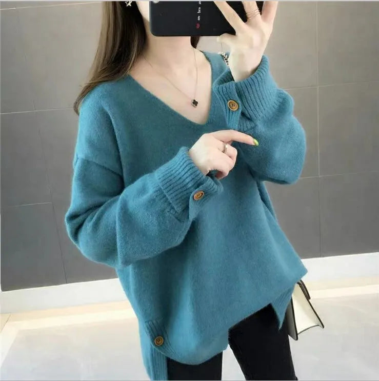 Oversized Autumn Winter Korean Women's Sweater Loose Knitted Jumper V Neck Long Sleeve Top Female Thick Warm Pullover Knitwear