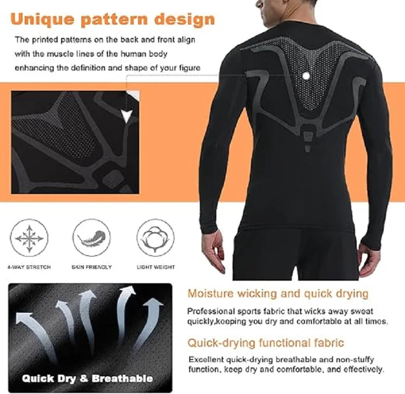 Men's Long Sleeve Compression T‑Shirt Quick Dry Moisture Wicking Fitness Tight Sport Top for Gym Running Jogging Training Sports