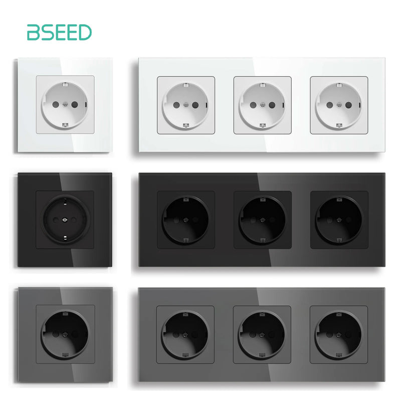 BSEED EU Power Socket Electrical Outlets Triple Power Plugs Crystal Glass Panel 16A European Standard Wall Socket 86*86mm