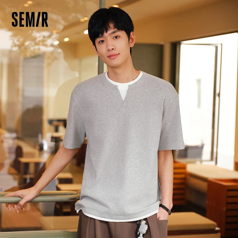 Semir Mens Tshirt 2026 Fake Two Piece Spliced Neck Texture Comfortable Versatile Casual Soft