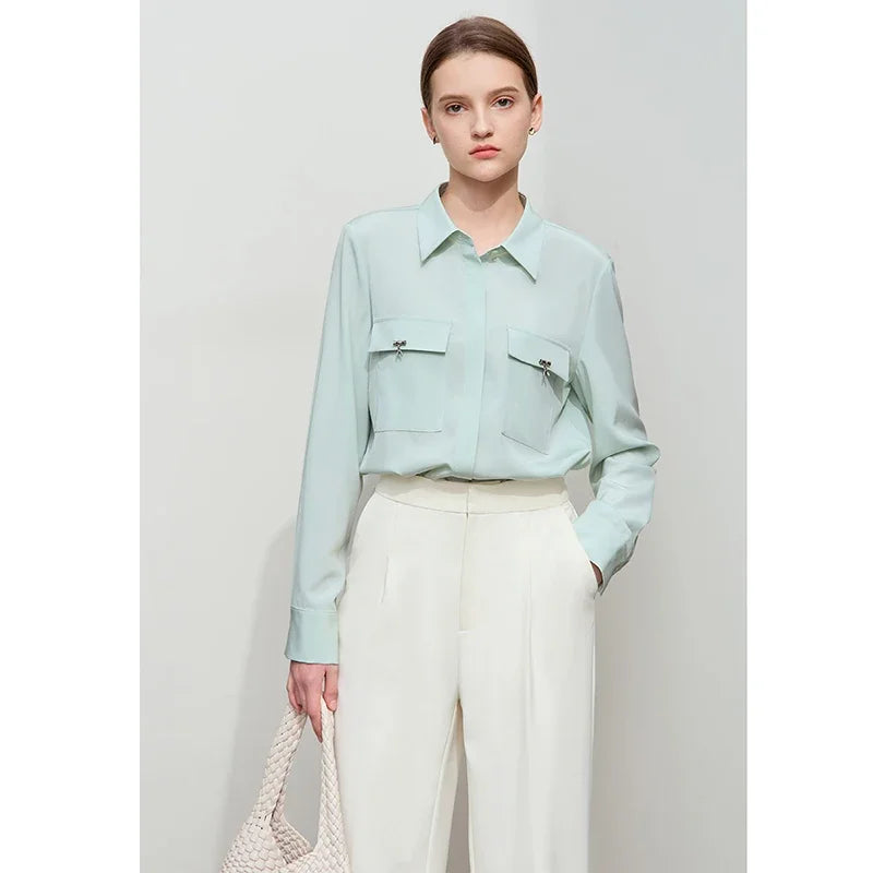 AMII Minimalist Chiffon Shirt Women 2026 Autumn New Temperament Gentle Lapel Bamboo Work Pocket Concealed Button Tops 12521032