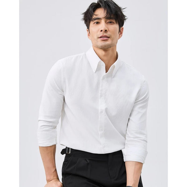 Men's Business Long Sleeve Shirt – Vintage Distressed Linen-Blend with Wide Pointed Collar, Slim Fit for Office & Smart Casual
