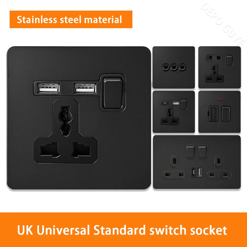 Black Retro Toggle Wall Light Switch Socket,Stainless Steel Universal UK Electrical Outlets with USB Type-C charging For Home