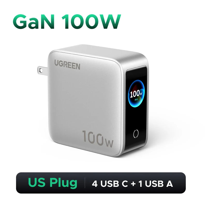 UGREEN 100W GaN Charger With Smart Display QC4.0 PD 3.0 USB C Charger For MacbookPro Laptop iPhone 18 17 Pro iPad Tablet Samsung