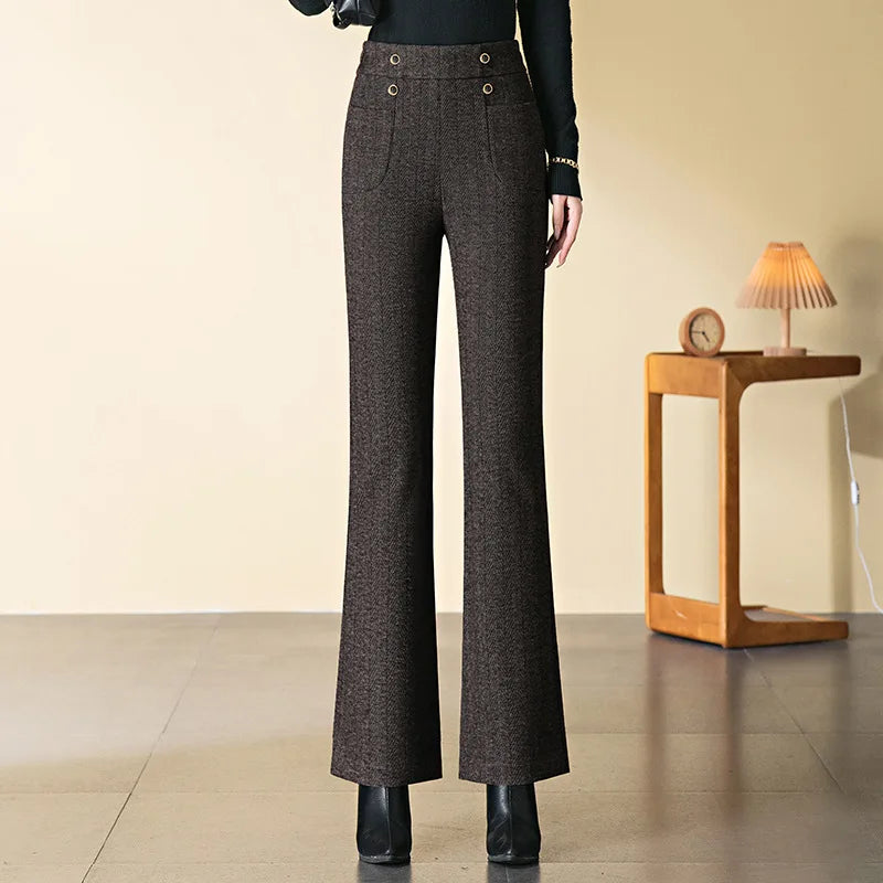 New Winter Women's Slightly Flared Pants,Elastic Waist Herringbone High Waisted Trousers,Beige,Coffee,Gray Available, Asian Size