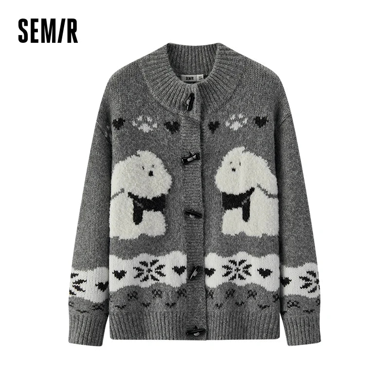 Semir Cardigan Sweater Loose Fit Toggle Button Knitwear Women 2025 Winter Jacquard High Neck Casual Top