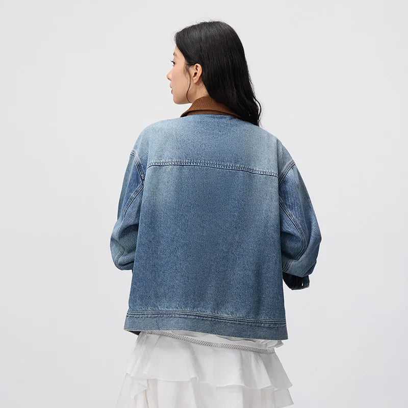 Semir Women Jacket Denim Distressed Turn Down Collar Drop Shoulder Loose Fit 2026 Autumn Vintage Streetwear Outerwear