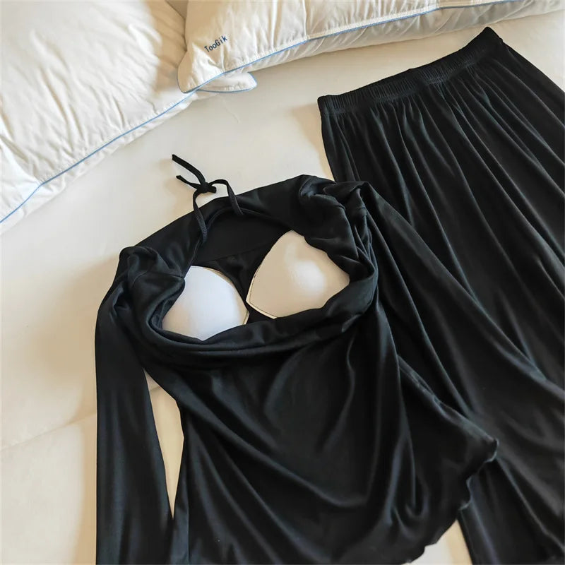 Chest Pad Long Sleeve Shirt Trousers Sets New Lounge Modal Sleeping Clothes Elegant Autumn Winter Home Pajamas Women Sleepwear