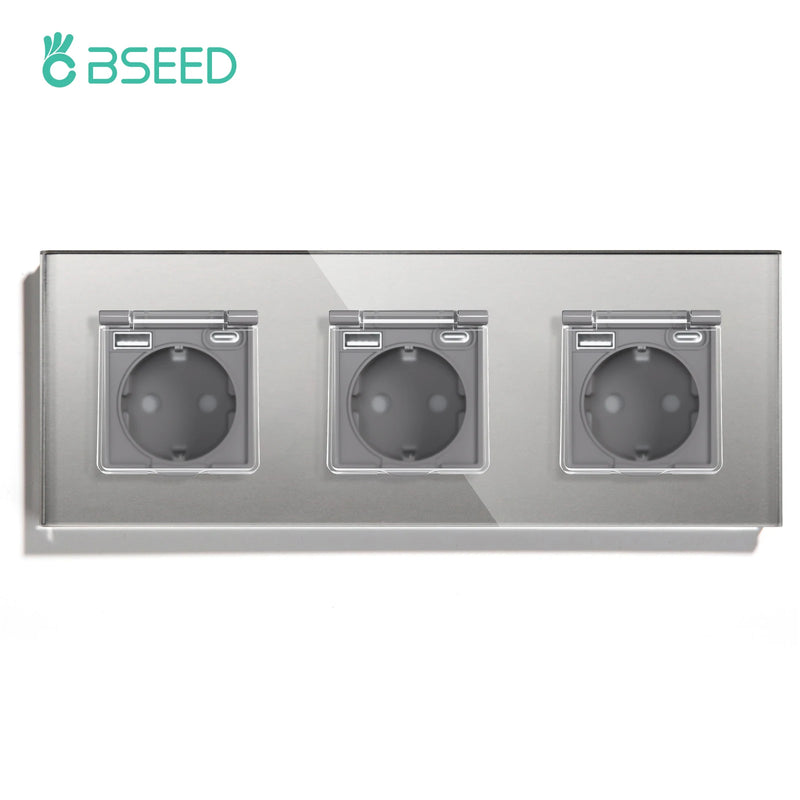 BSEED EU Standard Single Power Socket With Waterproof Cover Double USB Type-C Outlets Triple Plugs 16A Glass Panel 110-250V