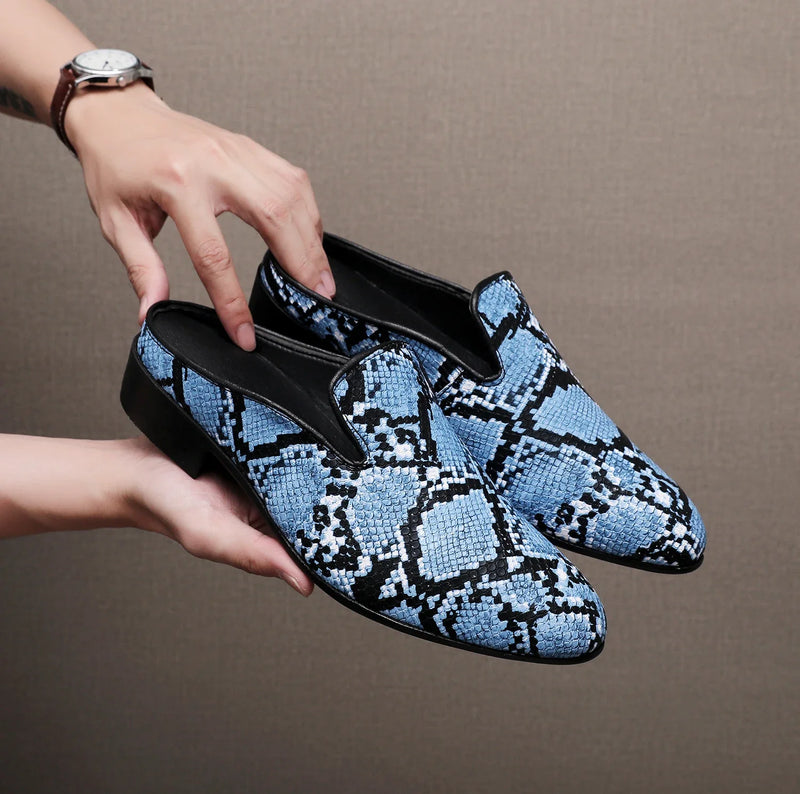 Big Size Mens Backless Mules Pointed Toe Slip on Loafers Men Low Heel Python Pattern Half Slippers Party Dress Shoes