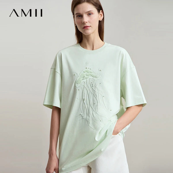 Amii Minimalist Casual Light Luxury T-shirt Women 2026 Summer New Loose O-neck Marine Embroidery Beaded Cool Tees Tops 12542148