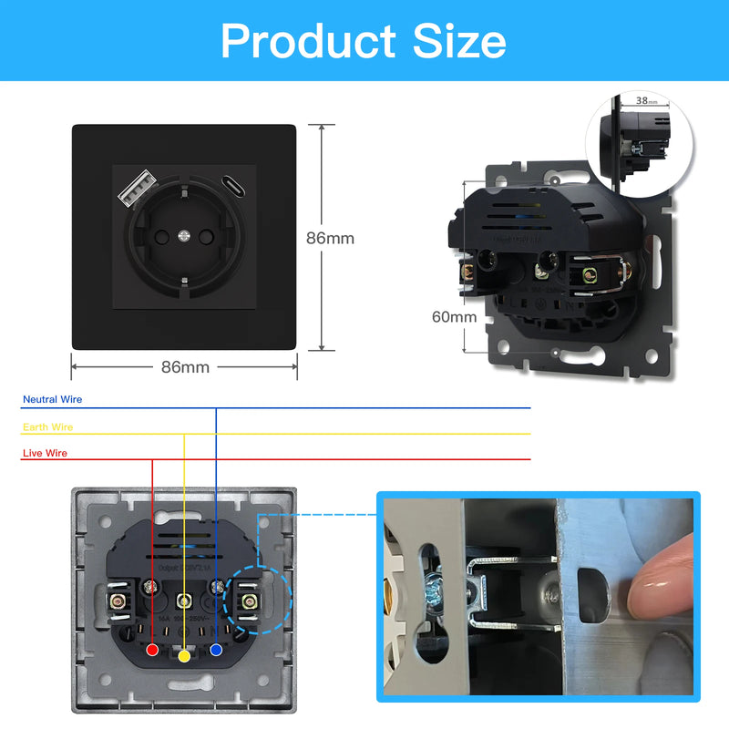 BSEED Single Wall Power Socket Double Type-C USB Phone Charge Port Triple Outlets Black Plastic Panel 16A 110V-240V