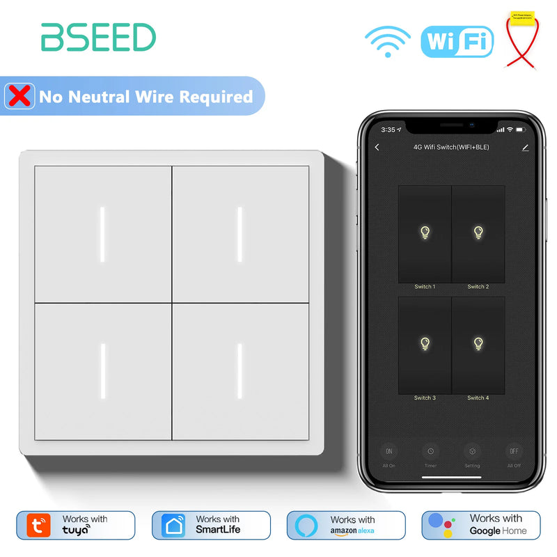 BSEED WIFI Button Light Switch 1/2/3/4Gang Smart Switch Plastic Frame Tuya Smart Life Alexa Voice Control Without Neutral Line