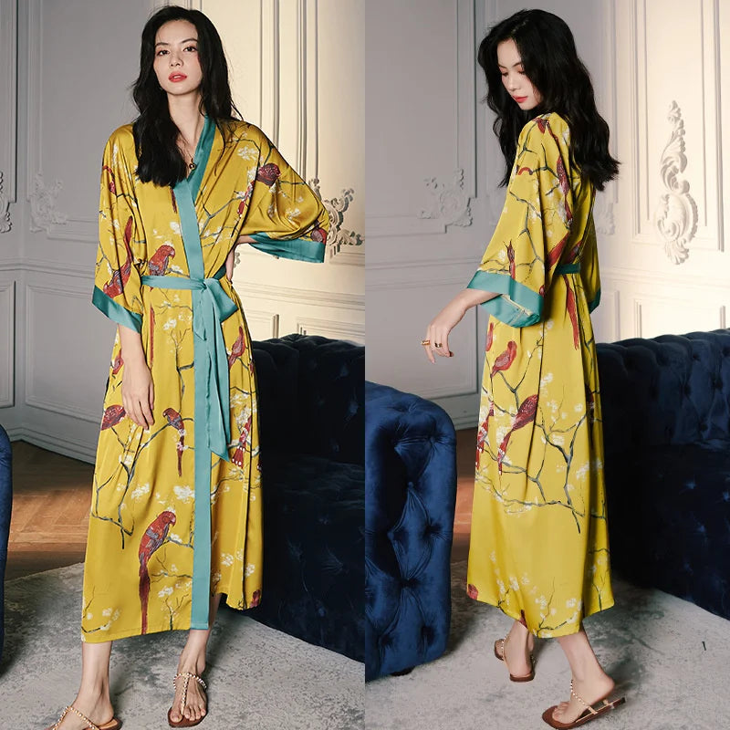 Women Ice Silk Rayon Home Dress Black Print Flower Long Robe Nightgown Spring Summer Half Sleeve Kimono Bathrobe Gown