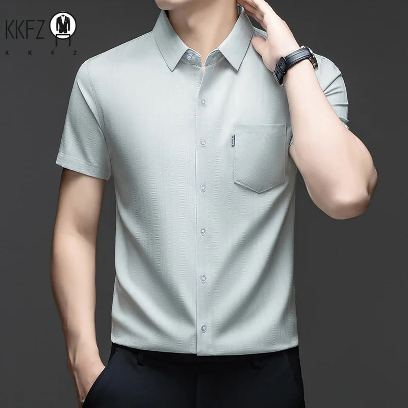 Mens Short Sleeve Shirt Casual Regular Fit Button Up Lapel Collar With Pocket Soft Breathable For Business Weekend Wear