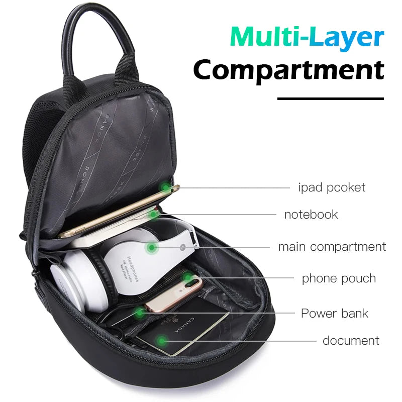 BANGE Solid Chest Bags Men Multi-Layers Sling Crossbody Bag Waterproof Chest Bag USB Charging Port Casual Shoulder Bag for Male