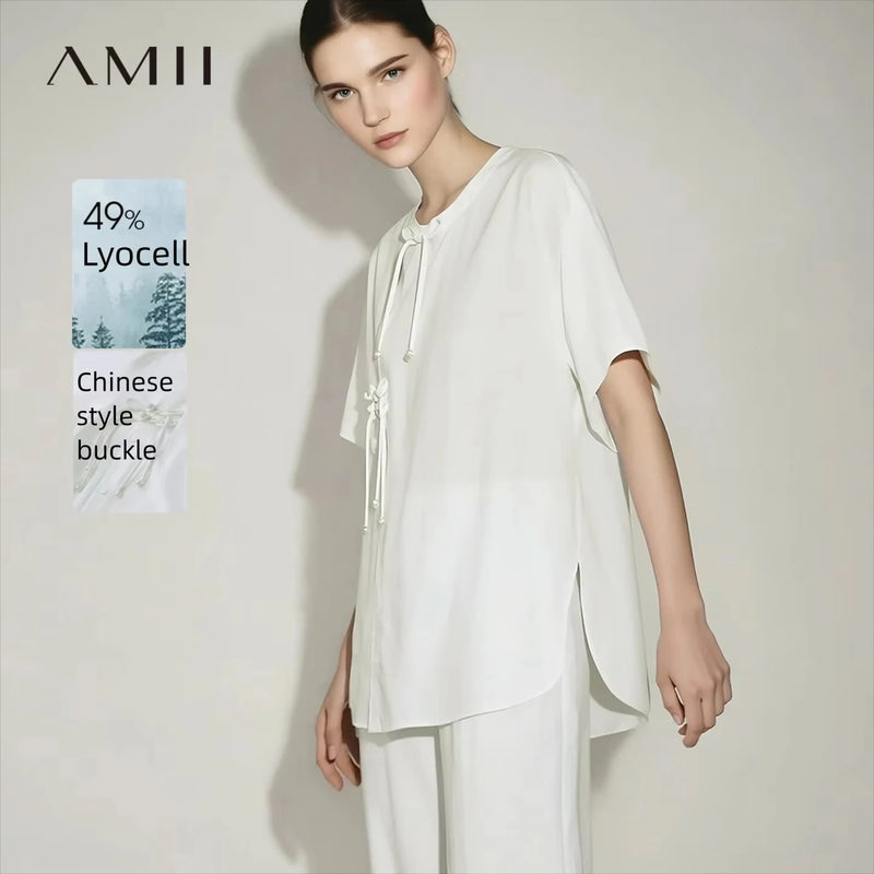 Amii Women's Shirt 2026 Summer New Chinese Style Cotton Blouse Oversized Frog Button Short Sleeve Women's White Shirt 12642122